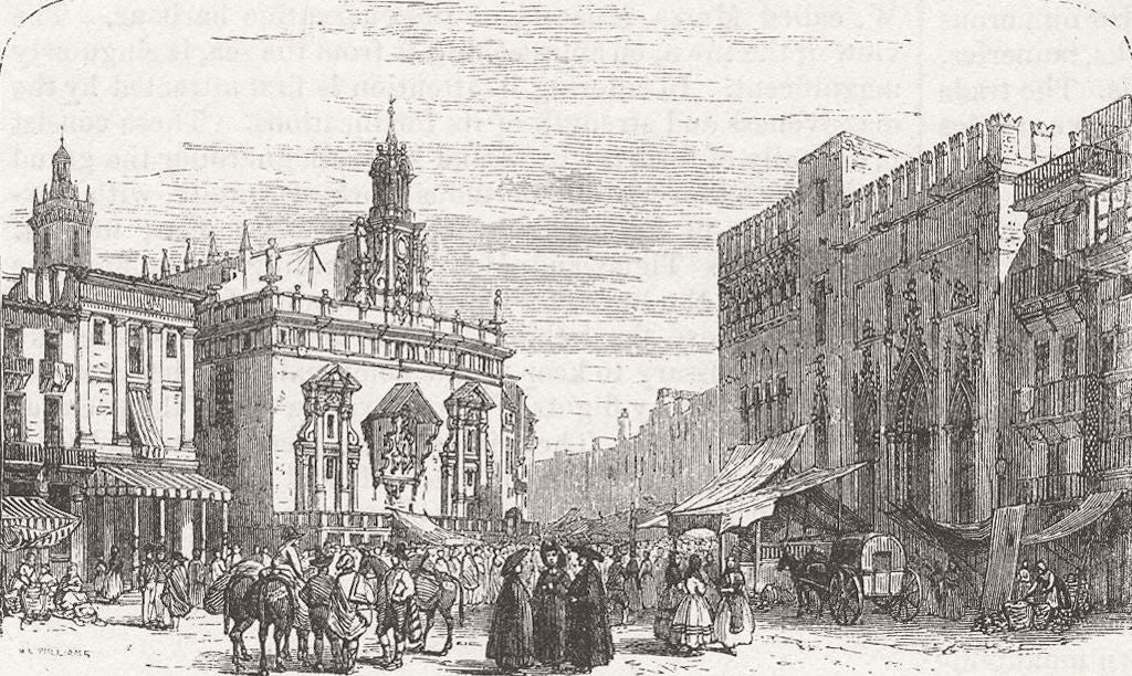 SPAIN. market, Valencia-From Chapuy, L'Espagne 1872 old antique print picture